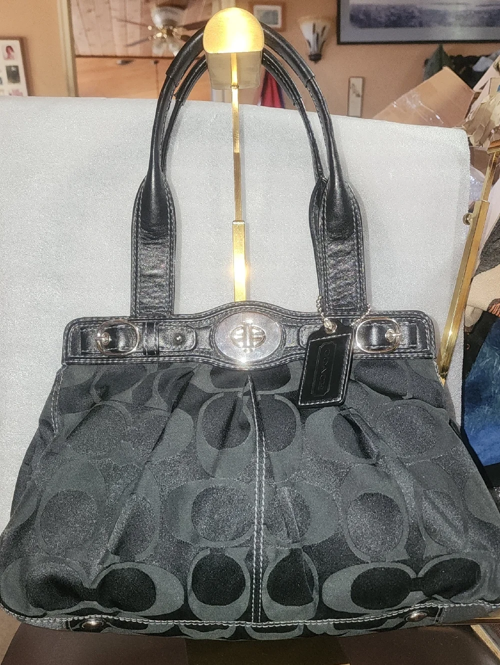 Coach Black 2009 Signature Leatherware Jacquard Shoulder Bag w/ Leather Trim - Picture 1 of 16